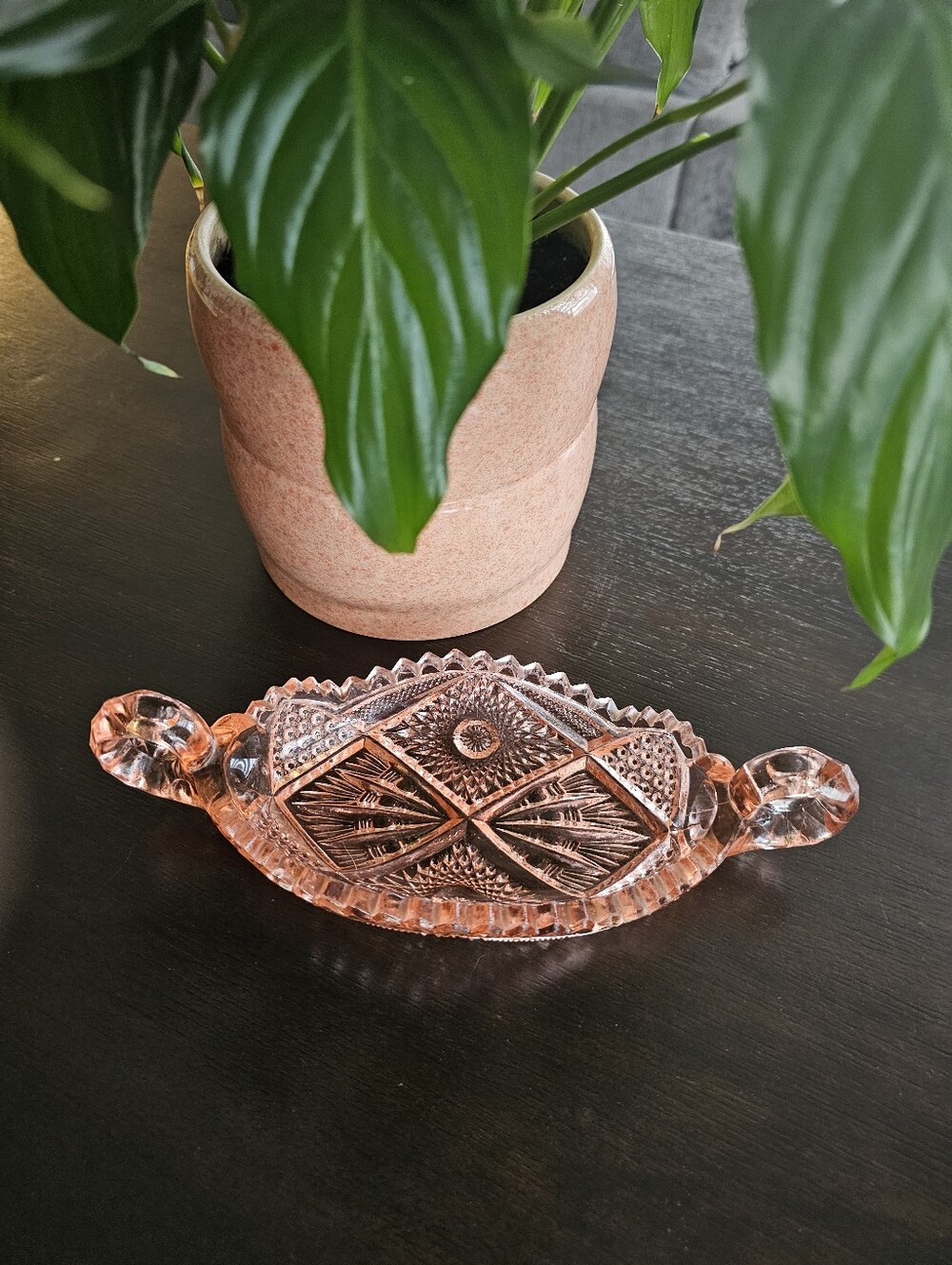 Vintage-Style Pink Pressed Glass Dish with Handles